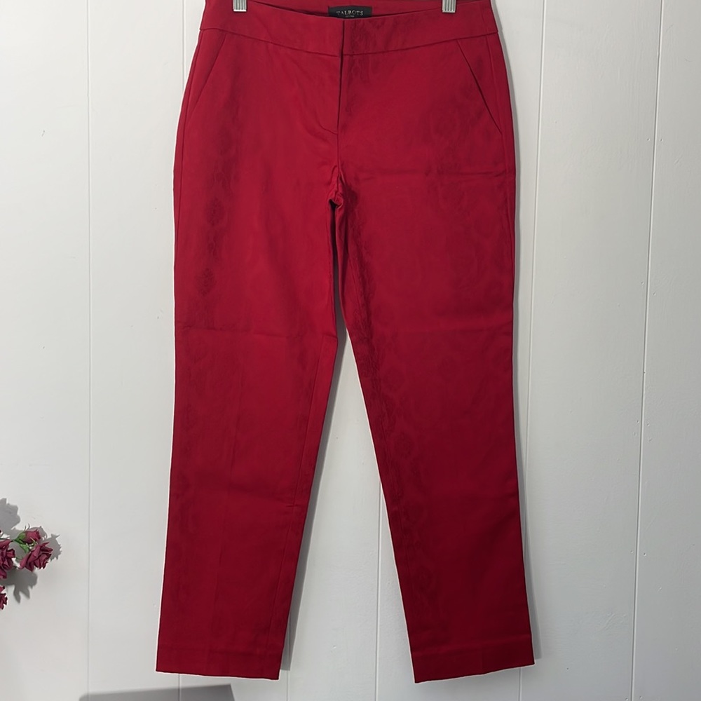 TALBOTS Red Ankle Pant 4P Signature Fit Cotton Floral Jacquard Print